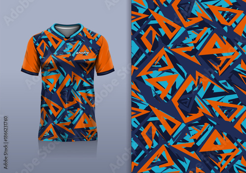 T-shirt mockup with abstract stripe line sport jersey design for football, soccer, racing, esports, running, in blue orange color