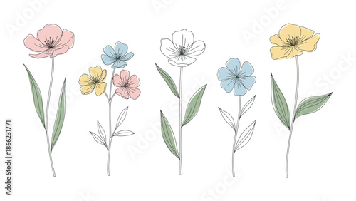 Floral Symphony: A delicate array of five stylized flowers in soft pastel hues, each stem a testament to nature's elegance, offering a tranquil visual feast. 