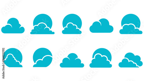 Set of blue cloud and sun icons representing weather and sky conditions.