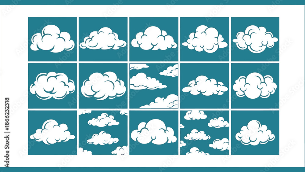Obraz premium Collection of various cartoon clouds in different shapes and sizes.