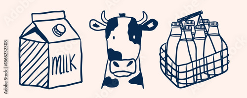 Dairy farm set. Hand drawn vector illustrations with cow, milk carton and glass bottles in a wire crate. Organic milk product doodle collection in ink style