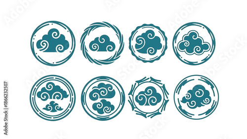 Set of eight circular emblems with stylized blue clouds, featuring traditional Asian art motifs and a distressed texture.