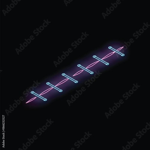 Neon surgical suture glowing with blue and pink light on black background
