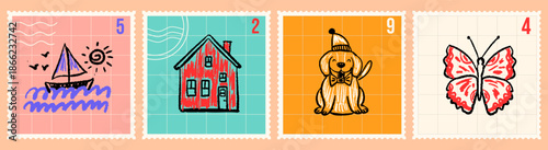 Set of colorful hand drawn postage stamps. Cute doodle illustrations of a dog, sailboat, house and butterfly in crayon style. Vector philatelic collection for kids, travel and summer designs