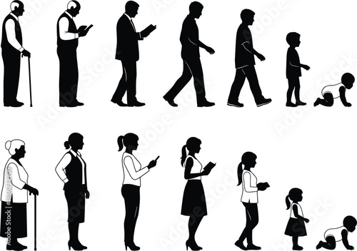 Human Life Cycle Silhouette Set Showing Aging Process From Baby To Elderly For Healthcare Sociology And Family Concept