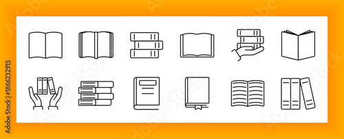 Book layout set icon. Hands holding books, open pages, stacked titles, bookmarks, and library symbols outlined to depict study, education, and organized reading material.