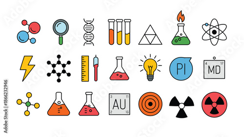 Colorfull science doodle icon set for education and school use, showcasing chemistry equipment, biology symbols, math signs, learning tools, and creative hand drawn illustrations