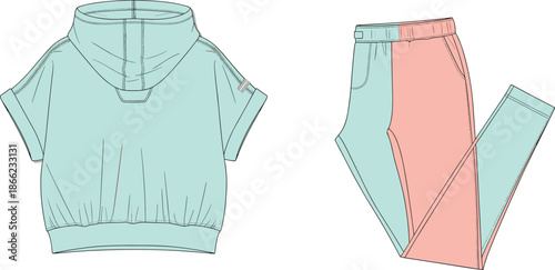 Short sleeve hoodie and jogger pants fashion illustration, color block design, front view, casual outfit, cad drawing flat vector, apparel template, garment design