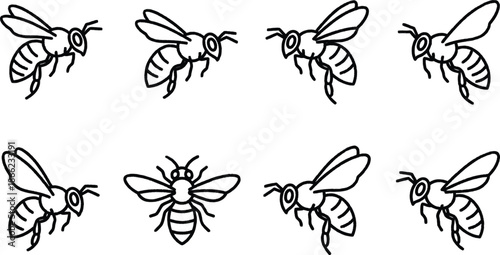 black and white illustration of multiple flying bees in various positions