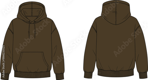 Brown hooded sweatshirt technical fashion sketch, front and back view, kangaroo pocket, ribbed cuffs and waistband, cad drawing flat vector, apparel template, garment design