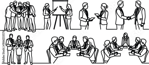 Business people communicating and working together in various office settings and interactions