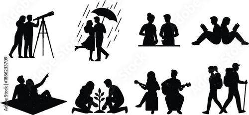 Black silhouettes of people doing various activities together outdoors and indoors