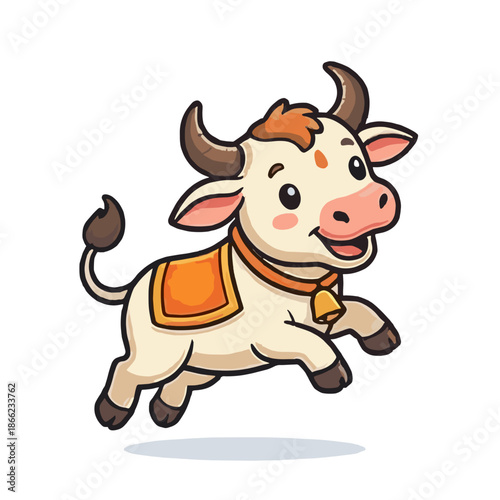 Cute Happy Nandi Bull Vahana of Lord Shiva Vector Illustration Running with Bell and Saddle for Hindu Festival Mahashivratri Celebration and Mascot Design