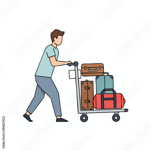 A person pushing a luggage cart with four bags, isolated on a white background