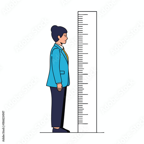 A person in a suit stands beside a height chart