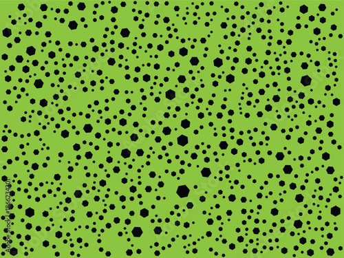 This image features a vibrant lime green background covered entirely by a dense, random pattern of black dots. The dots vary considerably in size, ranging from tiny specks to larger, slightly 