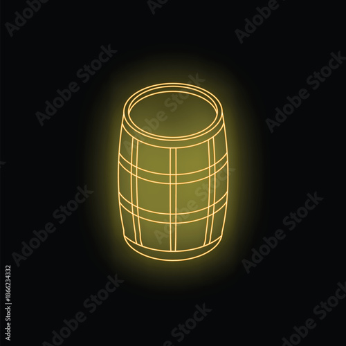 Neon yellow glowing outline of a whisky barrel on a black background