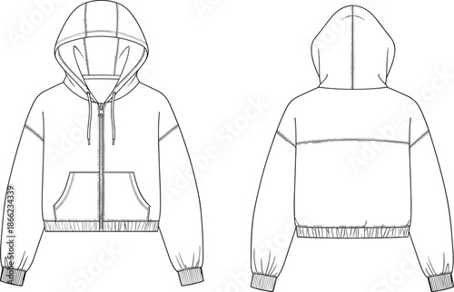 Hooded zip-up sweatshirt technical fashion sketch, front and back view, kangaroo pocket, drawstring hood, ribbed cuffs and waistband, cad drawing flat vector, apparel template