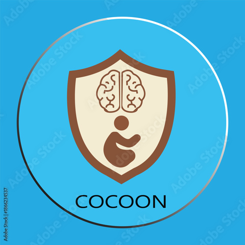 Mental Health and Prenatal Protection Concept Icon - Shield with Brain and Fetus Symbol on Blue Background