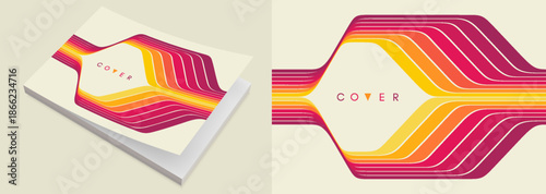 Softcover book layout. The curve of the colored lines creates a frame in the center. Space for text. Retro 1970s or 1980s style. Dynamic ribbons. Cover design template. Vector illustration.