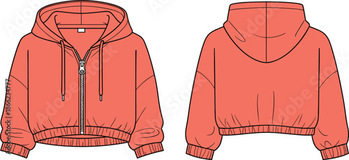 Coral cropped hoodie technical fashion sketch, front and back view, zipper closure, drawstring hood, ribbed cuffs and hem, cad drawing flat vector, apparel template