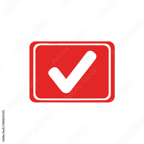 A white checkmark inside a red rounded rectangle, set against a white background