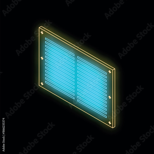 Neon glowing server rack on black background, isometric projection, ideal for technology and computing concepts