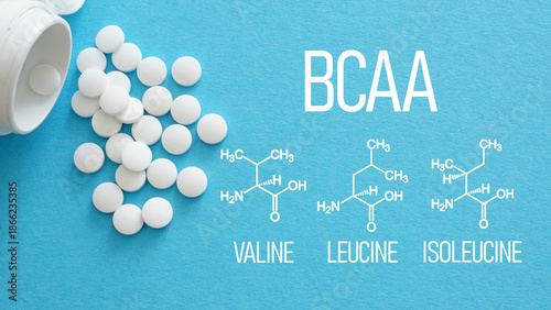 Foto BCAA branched-chain amino acids - valine, leucine and isoleucine are shown using