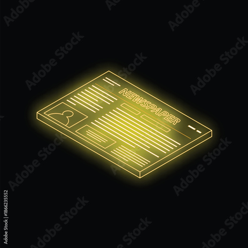 Isometric view of a glowing neon yellow newspaper icon, representing news and information