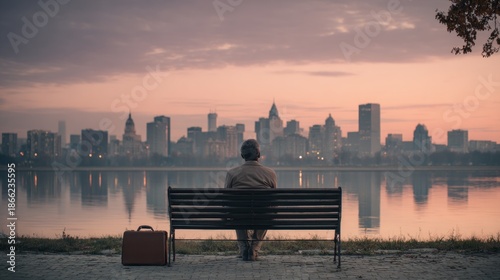 Man Sitting Bench City Skyline Dusk