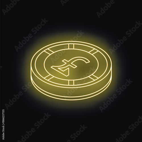 Glowing neon british pound sterling poker chip representing online gambling, cryptocurrency, or finance on a black background