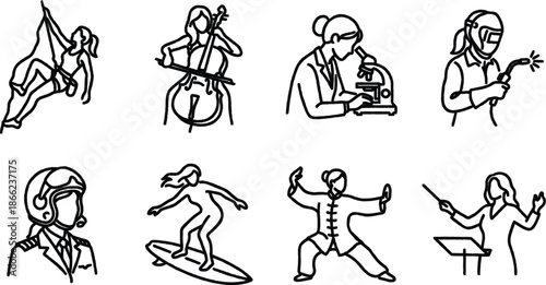 People doing various activities and hobbies in line art style