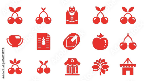 Collection of Red Icons Featuring Cherries and Objects.