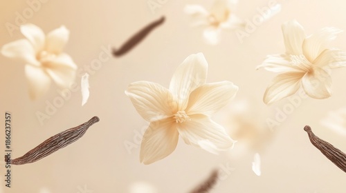 Floating vanilla flowers and beans.