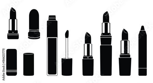 Lipstick and lip gloss tubes silhouettes in various states and designs