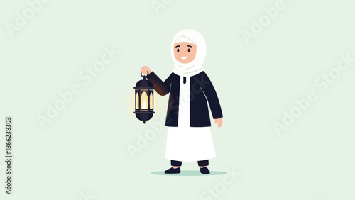 Smiling Muslim woman holding lantern in elegant white and black attire