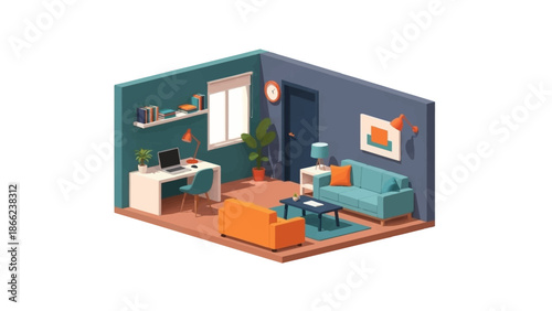 Isometric Living Room Interior Design Space.