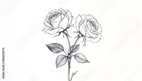 Elegant Sketch of Two Blooming Roses on a White Background.