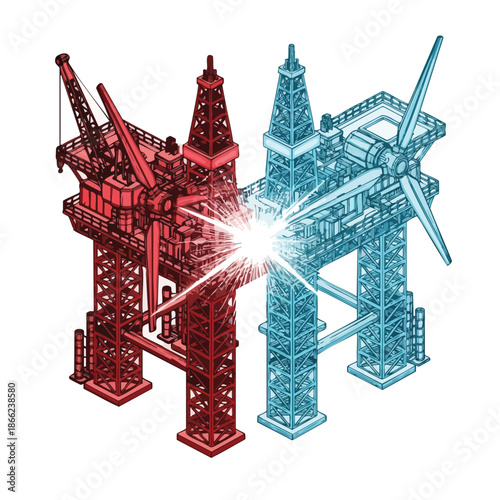Offshore wind turbine platform and oil rig clash representing energy transition and industry conflict on white background.