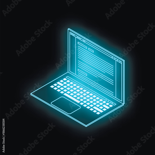 Neon blue isometric laptop displaying programming code on dark background, representing software development and futuristic technology