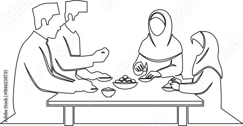 Family sharing a meal islamic traditional illustration, ramadan iftar time 