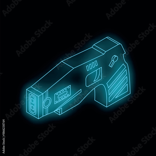 Futuristic neon gun glowing on a dark background, representing advanced weaponry or cyberpunk themes