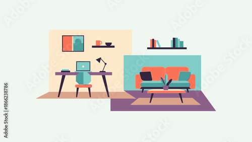 Modern Home Office and Living Room Interior.