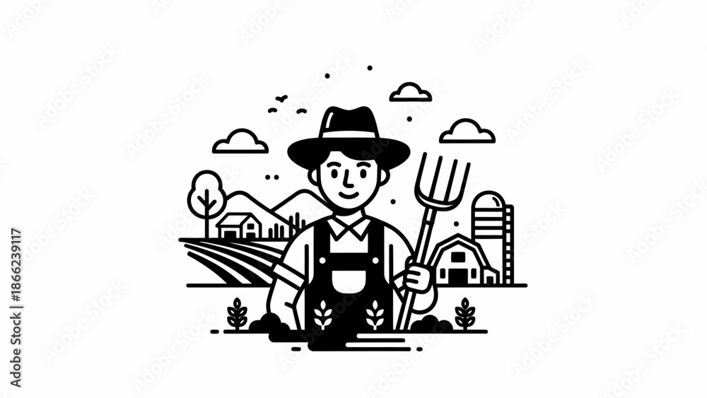 Fototapeta premium Happy Farmer Holding Pitchfork in Agricultural Field with Barn and Sun, isolated white background.
