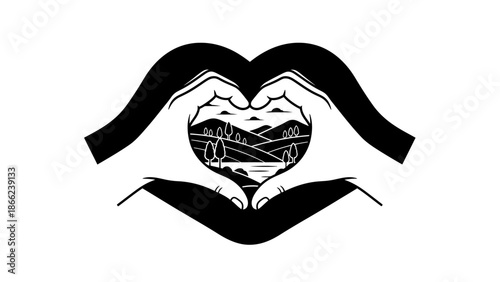 Hands forming a heart shape enclosing a natural landscape, symbolizing love for nature in isolated white background.