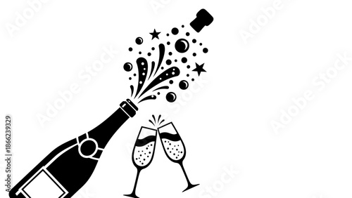 Champagne Bottle Popping with Sparkling Bubbles and Flutes for Celebration, Isolated White Background