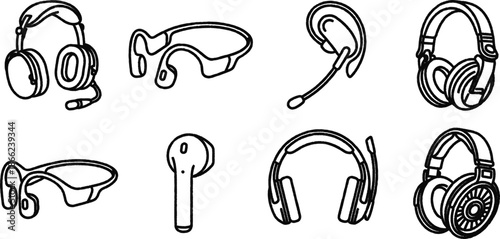 Various types of headphones and earbuds in a line drawing style