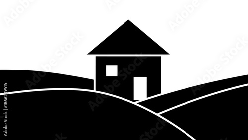 Simple House on Rolling Hills Landscape Icon, isolated white background
