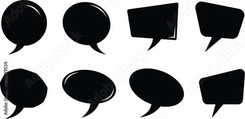 Versatile collection of black speech bubbles and thought balloons in various shapes, perfect for communication, dialogue, and comic strip designs.