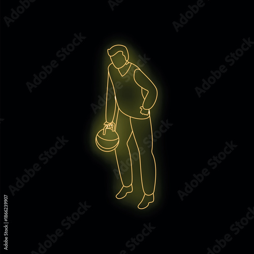 Neon sign of a bowler holding a bowling ball, glowing on a black background